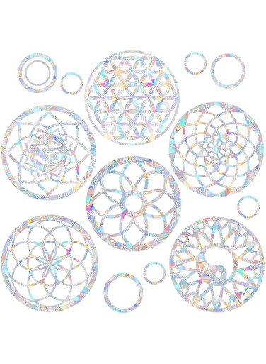 Paporich Mandala Window Clings, Anti-Collision Window Decals to Save Birds from Window Collisions, Non Adhesive Prismatic Vinyl Window Clings, Rainbow Stickers (Set of 18)
