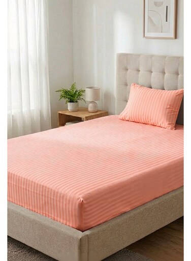 Cotton 2-Piece Microfiber Single Fitted Sheet Set &acirc;&euro;&ldquo; Peach Striped 90&Atilde;&mdash;190 cm with Full Elastic &amp; 1 Pillowcase