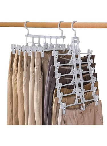 DILIBRA Pant Hangers Space Saving, Plastic Skirt Hanger Closet Storage Organizer with Clips, 6 Layered Foldable Hangers for Clothes Pants Jeans Slack Trousers (Grey, 2)