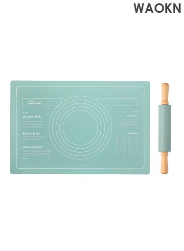 Silicone baking pad set with reusable rolling pin, non stick baking pad, food grade silicone baking pad for making cookies and pasta, silicone kneading pad rolling pin set, healthy and safe materials.