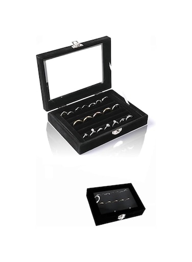 Rings/Earring Organizer Tray - 7-Slot Velvet Drawer Insert - Jewelry Storage Box with Clear Lid - Black Jewelry Display Case for Women