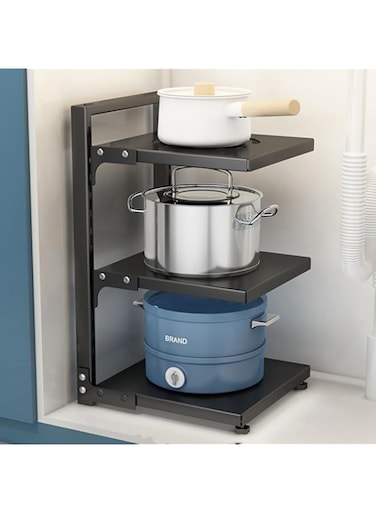 Tycom Pots and Pans Organizer for Cabinet,Kitchen Organizer and Storage Rack,Space Saving Stand with Adjustable Dividers,3 Layer Single Sided With Panel Black