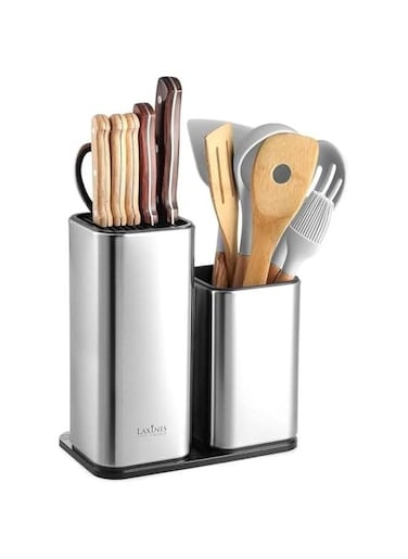 Knife Holder and Utensil Holder - Stainless-Steel Modern Rectangular Design Universal Knife Block and Kitchen Utensils Organizer for Counter-top
