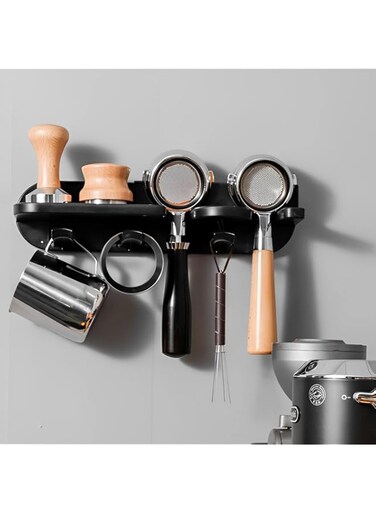 Oasisgalore Wall Mount Coffee Station Organizer, Black Plastic Coffee Cup Holder Stand with Solid Shelf, Heat Resistant, Ideal for Home, Kitchen, Cafe, Office, Restaurant