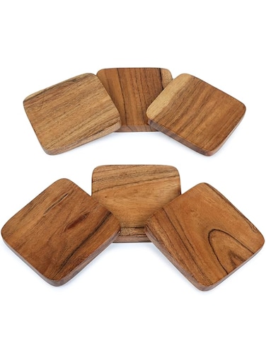 Lavaux Designs Acacia Wood Coasters Set of 6   Square Wooden Coasters for Home and Office Decor, Heat Resistant Drink Coasters for Coffee Table   Rustic Coasters for Wooden Table   4 by 4 inches