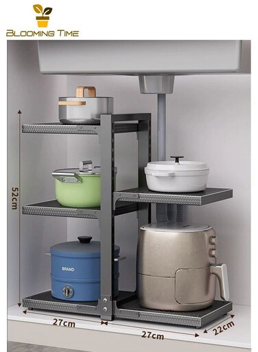 TIME Kitchen Storage Rack, Multi-Tiered Sink Pot Rack for Home Use, Cabinet-Mounted Multi-Tiered Pot Storage Rack, Freestanding Kitchen Countertop Storage Rack, Adjustable Multi-Tiered Sink Cabinet Rack, Black
