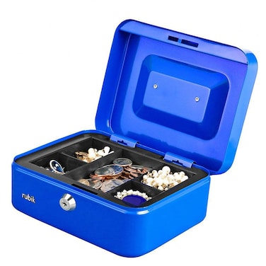 Rubik Medium Cash Box Steel Register with Tray and Lock Durable Portable Money Box Safe for Bills Jewelry Receipts Coins (20x16x9cm) Blue