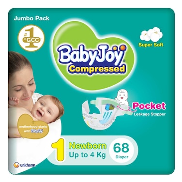Baby Joy Compressed Diapers Newborn Size 1 Up to 4kg Jumbo Pack 68 Diapers