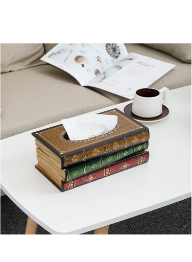 Tissue Case Antique Book Design Wood Bathroom Facial Tissue Dispenser Box Cover Novelty Napkin Holder