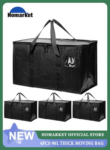 4 Pack Extra Heavy Duty Large Moving Bags with Strong Zipper &amp; Comfortable Handles, Sturdy &amp; Durable Clothes Storage Bags Totes Bins, 92L Packing Moving Boxes for College Supplies, Black