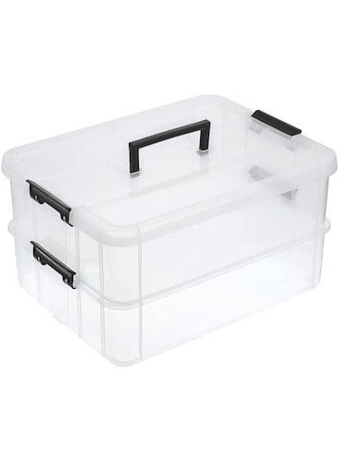 BTSKY 2 Layer Stack &amp; Carry Box, Plastic Multipurpose Portable Storage Container Box Handled Organizer Storage Box for Organizing Stationery, Sewing, Art Craft, Jewelry and Beauty Supplies Black
