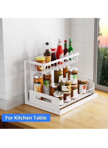 Multi-Use Metal 2-Tier Sliding Under Sink Cabinet Organizer and Pull-Out Cabinet, Kitchen Spice Storage Shelf