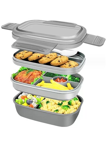 YHRY 3 Stackable Lunch Containers for Adults/Kids, Modern Minimalist Design Bento Box with Utensil Set, Leak-Proof Lunchbox Bento Box for Dining Out, Work, Picnic, School