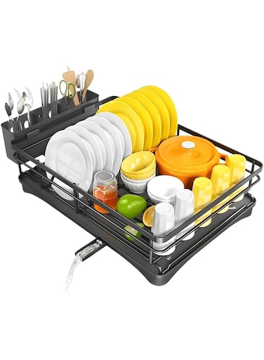 Aokraty Dish Drying Rack, Stainless Steel Dish Rack for Kitchen Counter, Large-Capacity Dish Drainer with Cutlery Holder, Kitchen Organizer for Dishes, Spoons and Forks