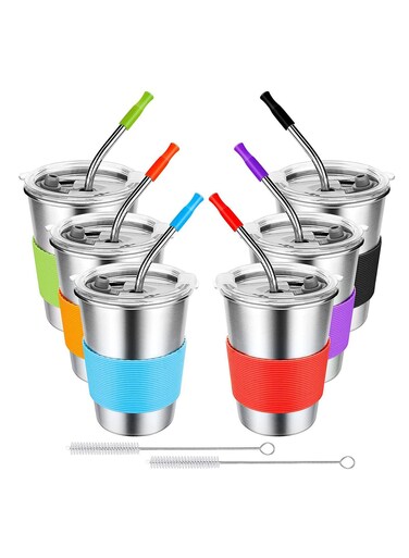 Kids Cups With Straws Spill Proof,Stainless Steel Sippy Cups With Lids, 12oz Toddlers Straws Tumbler, 6 Pack Unbreakable Water Glasses For Children, Adults, Outdoor, Indoor