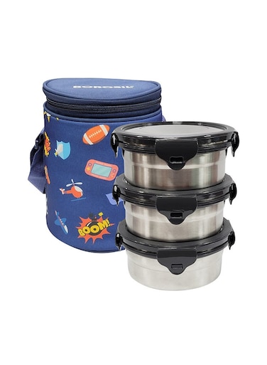 Borosil Blueblaze Stainless Steel Lunch Box, Set Of 3 Containers With Lunch Bag, Leak-Proof Lunch Box With Grey Lid, Round Lunch Container For School &amp; Office, 400 Ml X 3