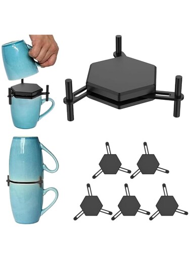 KWSLIN 6 Pack Mug Organizer, Stackable Mug Holders, Mug Stacker, Expandable Stackable Organization Gadget for Tea Cup and Coffee Mugs, adjustable size design, Save Space, Style B - Black