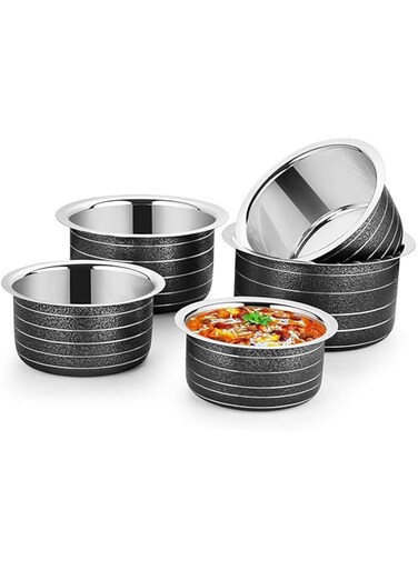 5 Piece Tope Set Stainless Steel Heavy Bottom 5Pc Pcs Patila Set 22 Gauge Heavy Cook and Serve Cookware Sets Pots Container Sets Bowl Sets (Size: 450 ML, 650 ML, 950 ML, 1400 ML, 1900 ML)(Color:Black)