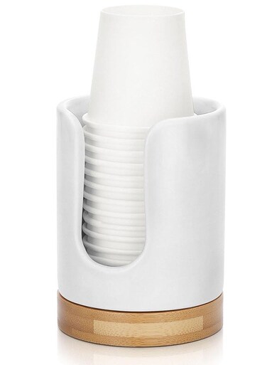 Cups Dispenser, Hold 3 oz Mouthwash Cup Disposable Paper Holder Small Cup Dispenser Bamboo Base Cup Holder