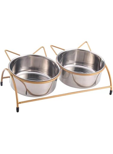 Pet Bowl, Stainless Steel Pet Bowl, Cat And Dog Food Bowl, Gold Cat-Shaped Tilt Stand, Easy To Eat, With 2 5.5&times;2.3 Inch Bowls, Suitable For Small And Medium Cats And Dogs