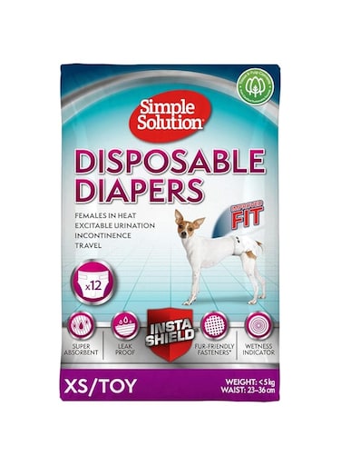 Simple Solution Improved Fit Disposable Female Dog Diapers, White, X-Small, Pack of 1 (12 Pieces)