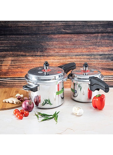 3 L + 5 L Aluminum Pressure Cooker Combo-Equipped with Multi-Safety Device and Pressure Indicator  Durable Aluminum Alloy Construction with Firm Handles  Non-Induction Base, Compatible with Gas, Electric, Ceramic and Halogen Cooktops  Silver Silver 5.0Liters