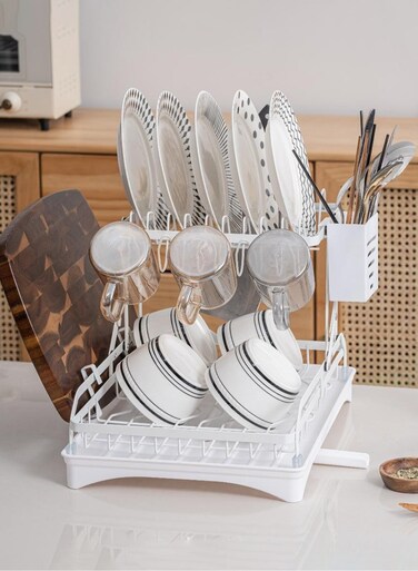 2-layer metal dishwashing rack, foldable dishwashing rack with drip tray, no installation required, multifunctional storage on kitchen countertop with drainage board