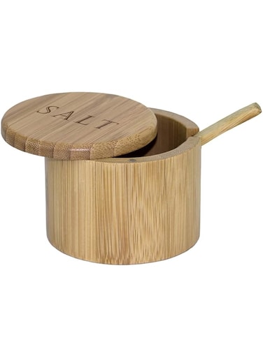 THE WHITE SHOP Salt Cellar Bamboo Storage Box with Magnetic Swivel Lid, 6 Ounce Capacity, Salt Engraved on Lid(A)