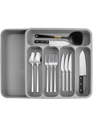 Duronge Expandable Cutlery Holder for Drawers - Adjustable and Compact Plastic Cutlery Tray for Spoons, Forks and Knives