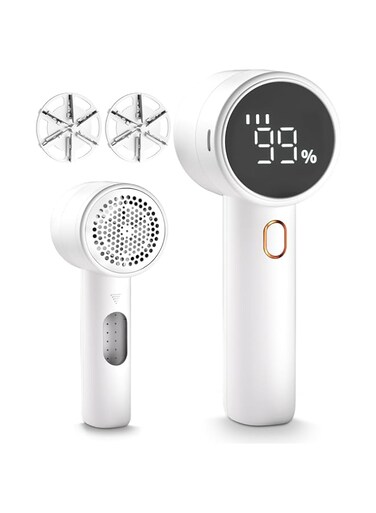 Azonee Fabric Shaver, Electric Lint Remover, Rechargeable Lint Shaver, Sweater Defuzzer with 3 Speeds, 6 Leaf Blades with LED Display for Clothes, Upholstery, Furniture, Sweater, Couch, Blanket, White