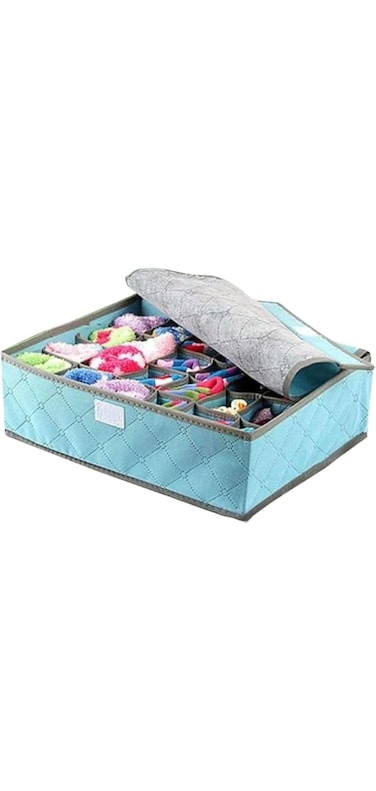Goldedge Foldable Cloth 24 Grip Storage for Sock, Undergarments, ties, belts, scarfs and Underwear In Drawer &amp; Closet Storage and organized with Lid on top Blue