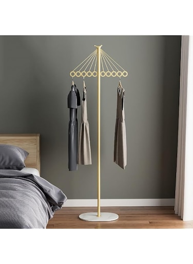 MUMOO BEAR Freestanding Coat Rack, Metal Umbrella Shape Clothing Stand with 10 Hanging Holes and Base for Clothes, Coat &amp; Dress, Floor Standing Clothes Rack for Entryway Living Room Bedroom (Golden)