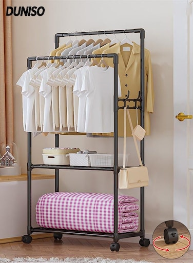 Double Rods Clothes Rack with Roller, Metal Garment Rack with Shoe rack and Hooks, Multipurpose Clothes Hanger Organizer,Suitable for Bedrooms, Balconies and Living room (Black)