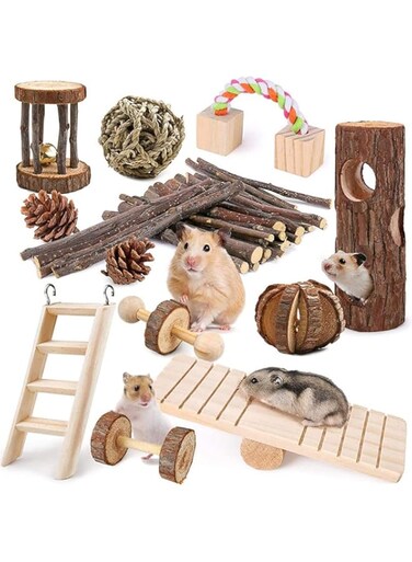 TOMVAES 12 Pack Hamster Chew Toys Set Small Animal Molar Toys Teeth Care Wooden Accessories for Guinea Pigs,Chinchillas,Gerbils,Mice,Rats,Mouse Rodents Toy Swing Seesaw Bridge