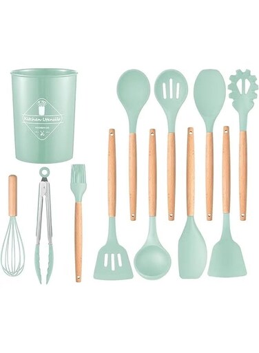 Tiger 12 Pcs Silicone Cooking Utensils Kitchen Utensil Set - 446&Acirc;&deg;F Heat Resistant,Turner Tongs, Spatula, Spoon, Brush, Whisk, Wooden Handle Green Kitchen Gadgets with Holder for Nonstick Cookware