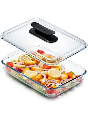 NUTRIUPS 3 Liter Glass Casserole Dish With Glass Lid (-Lid NOT Oven Safe), Easy Grip Handle Oval Oven Safe Glass Bakeware with Lid (3 Liters-Rectangular)