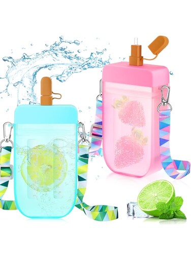 2 Pieces Ice Cream Bar Water Bottles with Straws 300ml Kids Water Juice Drinking Cups Cute Leakproof Kawaii Ice Cream Water Bottle with Adjustable Shoulder Strap for Kids Adult Sports (Blue, Pink)