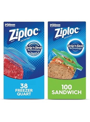 Ziploc Seal Top Food Bags Bundle, 1 x Freezer 38 Bags &amp; 1 x Sandwich 100 Bags, Grip'n Seal Technology
