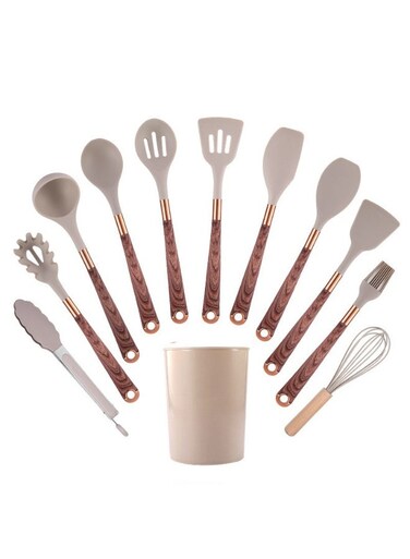 Silicone Kitchen Utensil Set with Wood Grain Handle and Storage Bucket - Heat Resistant &amp; Non-Stick