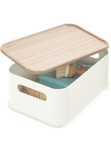 iDesign Recycled Plastic Medium Storage Bin with Handles and Paulownia Wood Lid