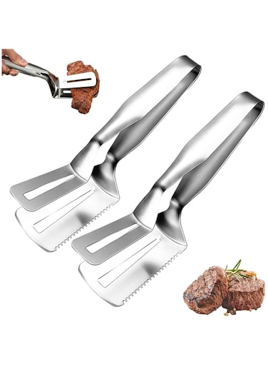 Azonee 2 Pcs Stainless Steel Steak Clips with Serration, , Multi-Function Food Grade BBQ Tongs, Bread Clip, Kitchen Jagged Flipping Spatula Clamp, Can Clip, Shovel, Can Cut Three-in-one Steak Clips