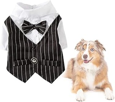 ELECDON Pet Clothes - Dog Clothes, Bow Tie Costume, Dress-up Formal Tuxedo Suit for Puppy Teddy Cat Small Pet Indoor Wedding Party Outfit (Black Size M)