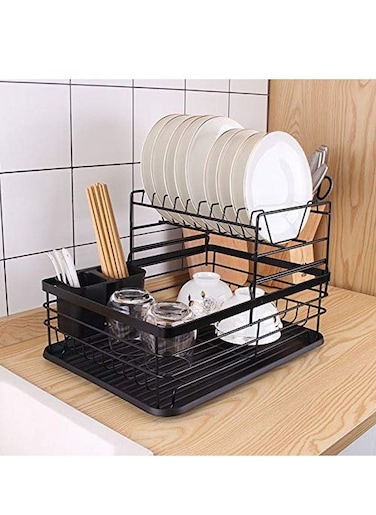 Dish Rack Kitchen Drying Stand Dish Rack Drain Rack Kitchen Organizer Dish Rack With Tableware Cutting Board Rack, Dish Rack Drainer Board Rack, 2-Layer Dish Racks For Home Kitchen (Black)