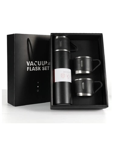 Thermos Bottle with 2 Extra Cups, 500ml Vacuum Flask Set, Stainless Steel, Leak proof, Travel Bottles for Hot and Cold drinks (Black)