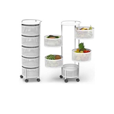Rolling Storage Cart, Mobile Mesh Organiser with Wheels, White Metal Basket Tower for Kitchen