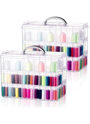 Tazweeq Stackable Storage Container Box,Plastic Multipurpose Portable Storage Container Box,3 Tier Clear Bead Thread Crafts Storage,Handled Organizer Storage Box for Organizing Stationery, Sewing, Art