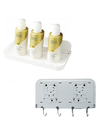 VAODO Shower Caddy Shelf Organizer Rack, 2 Pack Adhesive Wall Mounted Bathroom Folding Shelves with Hooks, for Bathroom, Toilet, Kitchen, White and Gray