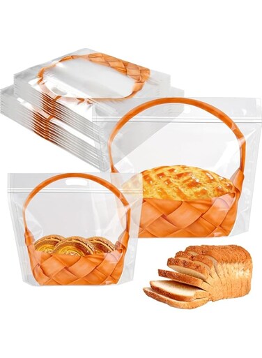 Angju 50 Pcs Clear Plastic Bread Bags with Handle, Reusable Zipper Loaf Packaging Bags, Portable Zipper Toast Bags with Basket Pattern for Homemade Bread Toast Loaf Cookie Bakery (25 Large, 25 Small)