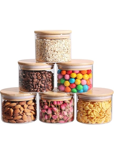 Set of 6 Round 600ml kitchen storage containers set, glass jar for kitchen storage, glass jars with lid bamboo, Clear Glass Containers for Flour, Sugar, Coffee, Tea, Rice container, Candy jar