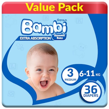 Sanita Bambi Diapers Medium Size 3 6-11kg Value Pack 36 Diapers